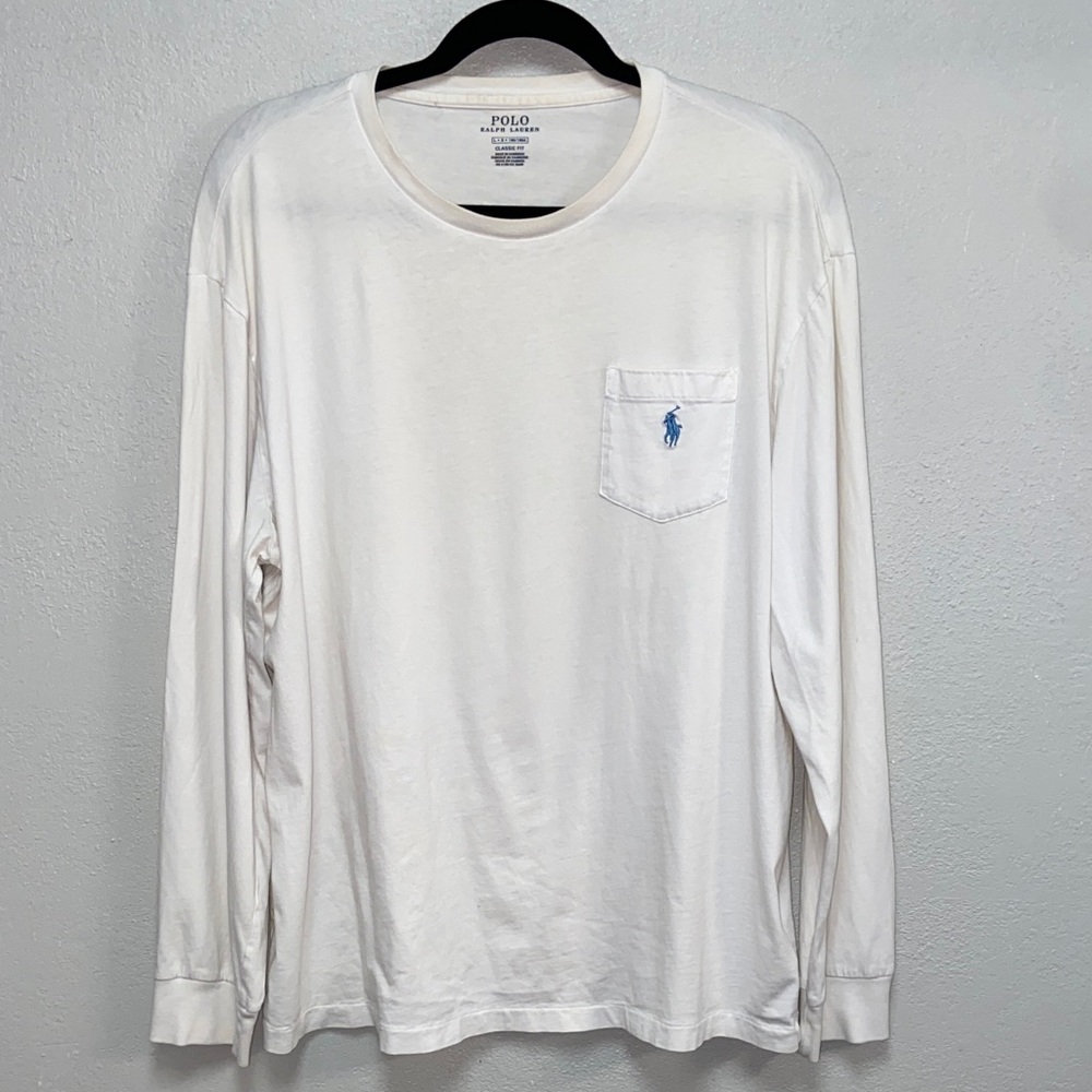 Polo by Ralph Lauren White Crew Neck Blue Logo Long Sleeve Classic Fit Tee 3641